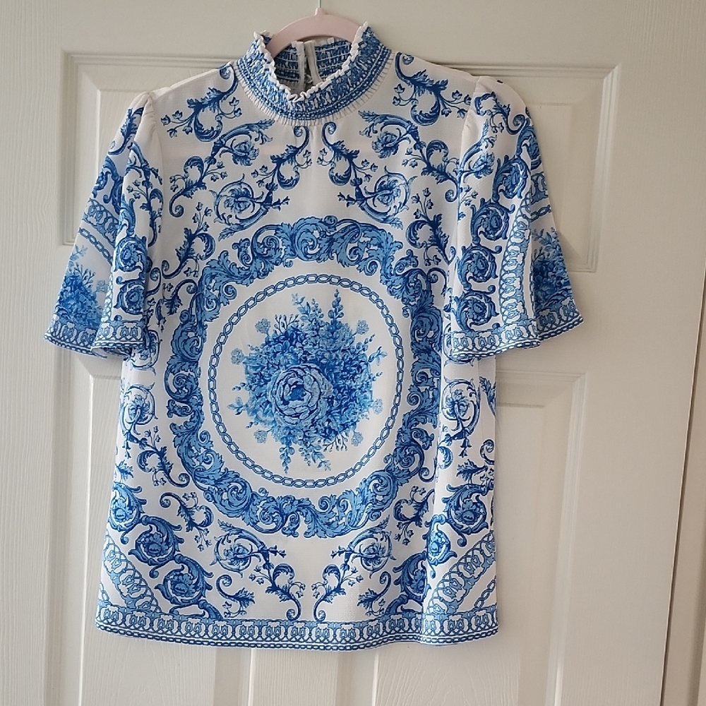 Jealous Tomato Blue and Cream Smocked Top